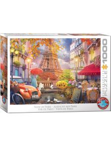 Пъзел Eurographics - Гледка от Париж, 1000 части: Кутия с пъзел, изобразяващ оживена улица в Париж с Айфеловата кула, оранжев ретро автомобил, цветни сергии, кафенета на открито и есенни дървета.