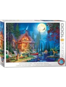 Пъзел Eurographics - Хижа на Лунното езеро, 1000 части, изобразява уютна дървена хижа край лунно езеро с елен, патица и куче на фона на пълнолуние, което озарява живописната сцена.