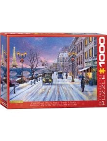 Открийте вълшебството на Париж с Пъзел Eurographics - Коледна вечер в Париж, 1000 части - зимна уличка, коледни светлини и Айфеловата кула под розово-лилаво небе. Идеалният коледен подарък!.