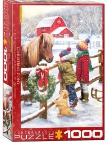 Пъзел Eurographics - Коледно понижаване, 1000 части показва две деца и куче в зимни дрехи до кафяво понижаване край снежна ограда с венец, на фона на червен хамбар и заснежени дървета.