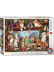 Корица на Пъзел Eurographics - Котки край аквариум, 1000 части: игриви котки около цветен аквариум с растения, книги и играчки.