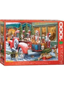Пъзел Eurographics - Кучета в камион, 1000 части показва кученца и кучета в червен ретро камион, пълен с подаръци, на фона на снежен град с елхи и коледни светлини.
