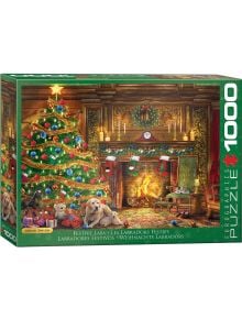Кутията с 1000 части пъзел Eurographics - Празнични лабрадори показва лабрадори до украсена елха, камина със сухи одежди, подаръци и уютен огън - идеално допълнение към празничното настроение.