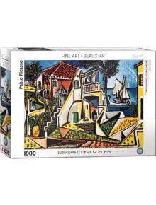 Пъзел Eurographics - Средиземноморски пейзаж, 1000 части, изобразява цветна кубистична картина на Пикасо с къщи, палми и лодка сред смели геометрични форми и живи тонове.