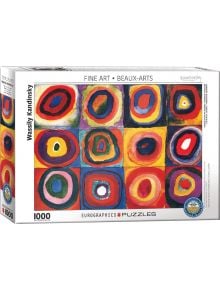 Пъзел Eurographics - Теория на цветовете, 1000 части: абстрактна картина с цветни концентрични кръгове в 4x4 мрежа, вдъхновена от Кандински. Част от серията Fine Art - перфектен избор за ценители на изкуството.