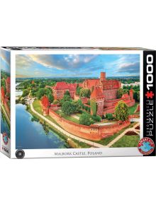 Пъзел Eurographics - Замъкът Малброк Полша, 1000 части: въздушен изглед на червените стени и кули край река под синьо небе, с уникални форми на елементите благодарение на Smart-Cut технологията.
