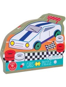 Пъзел Floss & Rock, Cars - Коли, 40 части в цветна кутия във форма на кола с илюстрации на състезателна кола, гуми и флаг. Подходящ за деца над 3 години. Включено предупреждение за опасност от задавяне.