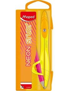 Геометричен комплект Maped Neon Study в оранжева опаковка от книжарница Orange, включващ жълт Пергел Maped и розова линийка, с ярък текст NEON STUDY на лицевата страна.