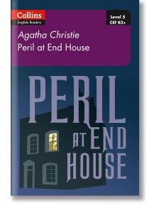 Тъмно синя корица на Peril at End House Collins English Readers Level 5 CEF B2+, с изображение на силует на къща с осветен прозорец - идеална за изучаващите английски език.