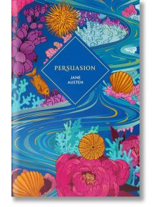 Живата корица на Persuasion (Vintage Collector's Classics) представя подводна сцена с корали, мидички, златна рибка и вихреща се синя вода. Заглавието и авторът са изписани в централен син ромб.