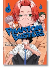 Четирима герои в аниме стил позират на оранжев фон за Phantom Busters, Vol. 2. Червенокосият лидер с очила стои отпред с клуба на екзорсистите; членовете с черна, сребърна и зелена коса го следват. Показани са историята и художественото оформление на Neos