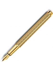 Златна Писалка Caran d'Ache Ecridor Gold Chevron с текстуриран корпус и капачка, изобразена по диагонал на бял фон. Писалката е с метален клипс и заострено перо, предлага се в книжарница Orange.