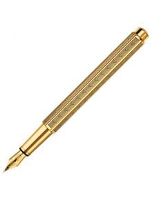 Златна Писалка Caran d'Ache Ecridor Gold Chevron с текстуриран корпус и капачка, изобразена по диагонал на бял фон. Писалката е с метален клипс и заострено перо, предлага се в книжарница Orange.