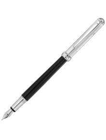 Сребърна и черна Писалка Waldmann Sterling Silver с текстурирана капачка и заострено перо, разположени диагонално на бял фон. Наличен в Книжарница Orange - разгледайте писалките онлайн!.