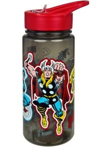 Пластмасова бутилка Scooli Avengers, модел 2026 г., с червен флип-top капак и комикс илюстрация на Тор от Марвел Отмъстителите в класически костюм и шлем, летящ с вдигнат юмрук.