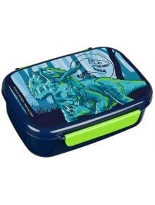 Пластмасова кутия за храна Scooli Jurassic World, модел 2026 г. - синя със зелен закопчалка и динозавърска илюстрация, идеална за деца и фенове на динозаврите.