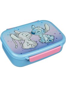 Пластмасова кутия за храна Scooli Lilo & Stitch, модел 2026 - синя и розова, с изображение на героите Stitch и Angel върху лилав фон със звезди.
