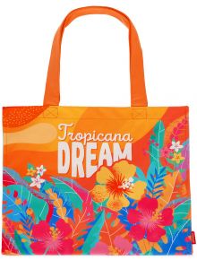 Плажна чанта Legami - Tropicana Dream с оранжеви дръжки, цветни тропически цветя, зелени и сини листа и надпис "Tropicana DREAM" - перфектният аксесоар за плажа.