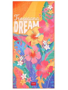 Плажна хавлия Legami - Tropicana Dream има смели тропически флорални мотиви в розово, червено, жълто и зелено, с текст "Tropicana DREAM" и яркочервен етикет Legami в долната част.