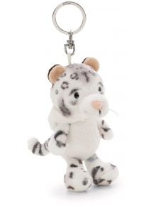Плюшен ключодържател Nici - Снежният леопард Eleni: пухкав аксесоар с бяло-сиви петна, черни уши, розов нос и метален пръстен, който впечатлява със своята сладка и приятелска визия.