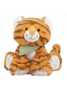 Плюшена играчка Kaloo - тигърчето Папая, 17 см: Меко плюшено тигърче с оранжева козина и кафяви ивици, светлозелена кърпа, бели лапи и муцуна, усмихнато изражение - перфектно за бебешка играчка и прегръдки.