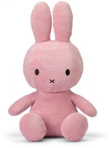 Плюшена играчка Miffy Eco Corduroy - розов заек, 70 см, с мека розова кордура, дълги прави уши, черни кръгли очи и малка X-образна уста, стои изправен на бял фон.