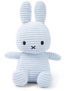 Плюшена играчка Miffy Eco Corduroy - светлосин заек, 23 см е показан на бял фон. Идеален подарък за момченце, което обича меки и уютни приятели.