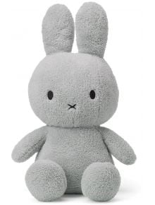 Мека, светлосива Плюшена играчка Miffy Terry - светлосив заек, 33 см с дълги уши и черни очи седи изправен на бял фон-идеален плюшен подарък за бебе.