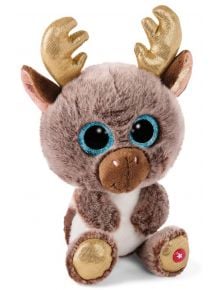 Плюшената играчка Ничи - Елен, 15 см, с големи сини блестящи очи, мека кафяво-бяла козина, златисти рога и крака, червено сърце на лявата лапа, седи изправена на бял фон.