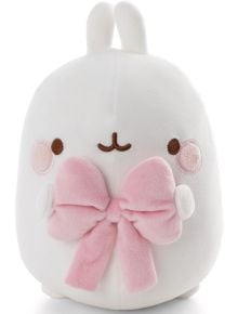 Плюшената играчка Nici Molang, 16 см, е бяла и кръгла, с кафяви очи, проста кафява уста, розови бузи и голяма розова панделка. С къси ръчички и изправени ушички - идеален подарък за деца.