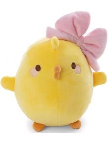 Кръгла, жълта плюшена Плюшена играчка Nici Molang - Пиле Piu Piu, 16 см с малки крилца, оранжеви крака и голяма розова панделка-идеален подарък за фенове на Molang!.