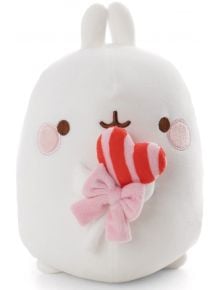 Плюшена играчка Nici Molang с близалка, 16 см - бяло зайче с кръгли бузи, държащо червено-бяла близалка със сладка розова панделка - идеален подарък за деца.