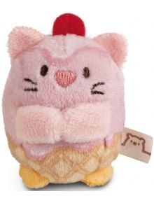 Малка, кръгла, розова плюшена играчка от линията Nici Mymochi Minis, наподобяваща котка с червен кичур, бродирано лице, жълти крачета, страничен етикет и шарка на сладолед в долната част. Предлага се в Книжарница Orange.