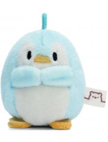 Малка, кръгла, светлосиня плюшена играчка пингвин Nici Mymochi Minis с бяло коремче, жълти човка и крачета, къса примка на върха, крила, подобни на перки, сгънати отпред, и етикет от плат с рисунка на мече отстрани. Предлага се в книжарница Orange.