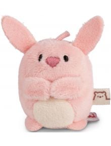 Малка, кръгла, розова Плюшена играчка от колекцията Nici Mymochi Minis, наподобяваща зайче с големи уши, нос във формата на сърце, малки бродирани очички, бяло коремче, сладък плюшен вид и етикет от плат отстрани.