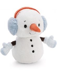 Плюшена играчка Nici - Снежен човек, 15 см, с блестящи черни копчета, сини ушанки и ръкавички, оранжев морковен нос и меко бяло тяло - идеален за гушкане!.