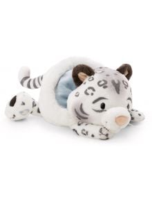 Плюшена играчка Nici - Снежният леопард Eleni, 20 см: мека в бяло и сиво с тъмни петна, светлосини уши и извита опашка. Лежи по корем с глава върху лапите. Изработена е от рециклирани материали.