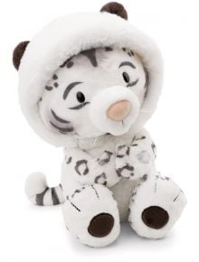 25-сантиметровата плюшена играчка Nici's снежен леопард Eleni има тъмни петна, розов нос, глава с качулка, кръстосани лапи и приятелско изражение.