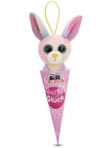 Nici Glubschis Bunny Rainbow Candy с пастелен цвят плюшена играчка-висулка с големи очи се намира в розово шишенце, украсено със сърчица и Viel Glück. Шишенцето има жълта примка за окачване - намерете го в книжарница Orange.