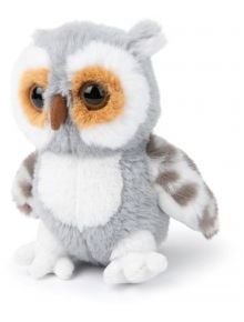Плюшена играчка WWF - бухал, 15 см: мека сива и бяла козина, големи черни очи с оранжеви кръгове, кафяв клюн, шарени крила; стои изправен на бял фон.