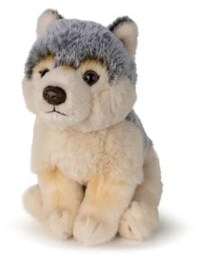 Плюшена играчка WWF - вълк, 15 см - с меко сиво и кремаво козинче, черни очи, черен нос и изправени ушички. Седи изправена на бял фон. Част от колекцията WWF на Bon Ton Toys.