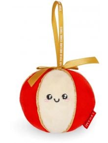 Плюшено червено-бяло украшение Legami Ball за елхата със симпатична усмивка, панделка от златна панделка, примка за закачане и надпис "MAY YOUR DREAMS COME TRUE", отпечатан на панделката.