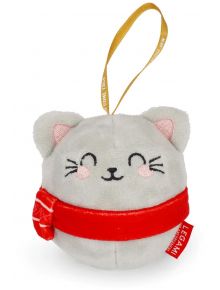 Плюшена играчка за елха Legami - Kitty: сива котка с усмивка, червейн шал, розови бузки и златна връзка за окачване. Част от "Ох-ох-ох" Кити колекцията, с лейбъл "ЛЕГАМИ".