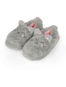 Плюшени пантофи Legami - Kitty, размер 35-38: сиви, пухкави, с дизайн на усмихнати котета с бродирани муцунки, розови бузки и уши и мека розова подплата.