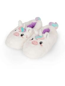 Плюшени пантофи Legami - Unicorn, размер 35-38: бели и пухкави, оформени като еднорози с бродирани лица, розови бузки, сребърни рогчета, пастелни гриви и лилава вътрешност.