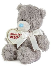 Плюшено мече Me To You - Amazing Mum, 10 см: сиво меченце със синьо носле, бяла панделка и сърце с надпис "AMAZING MUM" - перфектният подарък за майка.