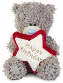 A gray плюшено мече Me To You - Happy Birthday, 10 см, с пачове държи червено-бяла възглавничка със златен надпис HAPPY BIRTHDAY-идеален подарък за рожден ден. Надписът ME TO YOU е извезан на крачето му.
