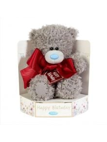 Плюшено мече Me To You - Happy Birthday, 15 см сив цвят със син нос и голяма червена панделка с етикет Happy Birthday в подаръчна кутия-идеален подарък за рожден ден.