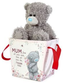 Плюшено мече Me To You - Mum, в торбичка: сиво мече с синс в декоративна торбичка с мечета и надпис "MUM, for all you are, for all you do, THANK YOU" - идеален подарък за мама.