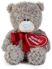 Плюшено мече Me To You - Special Friend, 10 см, сиво на цвят, държи червена възглавничка с надпис "Special Friend" и носи червена панделка-идеален подарък за приятел.